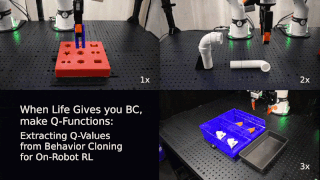 Robot arms perform peg insertion, pipe assembly, and object-kitting tasks after on-robot reinforcement learning.